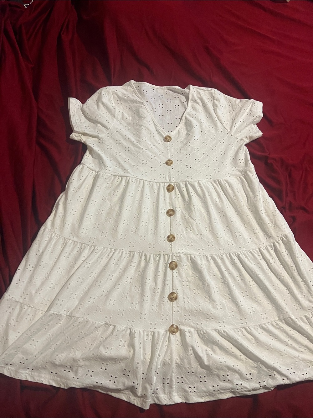 White Eyelet Tiered Button-Front Casual Dress